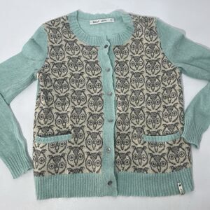 Woolrich Cardigan Sweater Womens Small Blue Owl Mohair Wool Knit Button Pockets